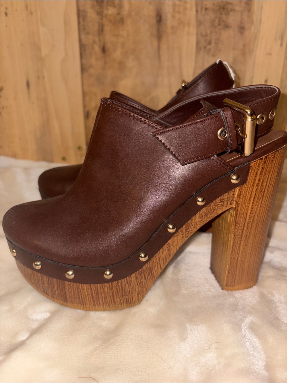 #139 Farylrobin Brown Leather Studded Clog Mules - Picture 3 of 5